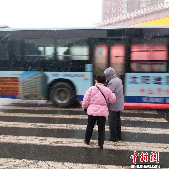 7日，沈阳市和平区，行人在风雪中等待通过十字路口。　张颖 摄